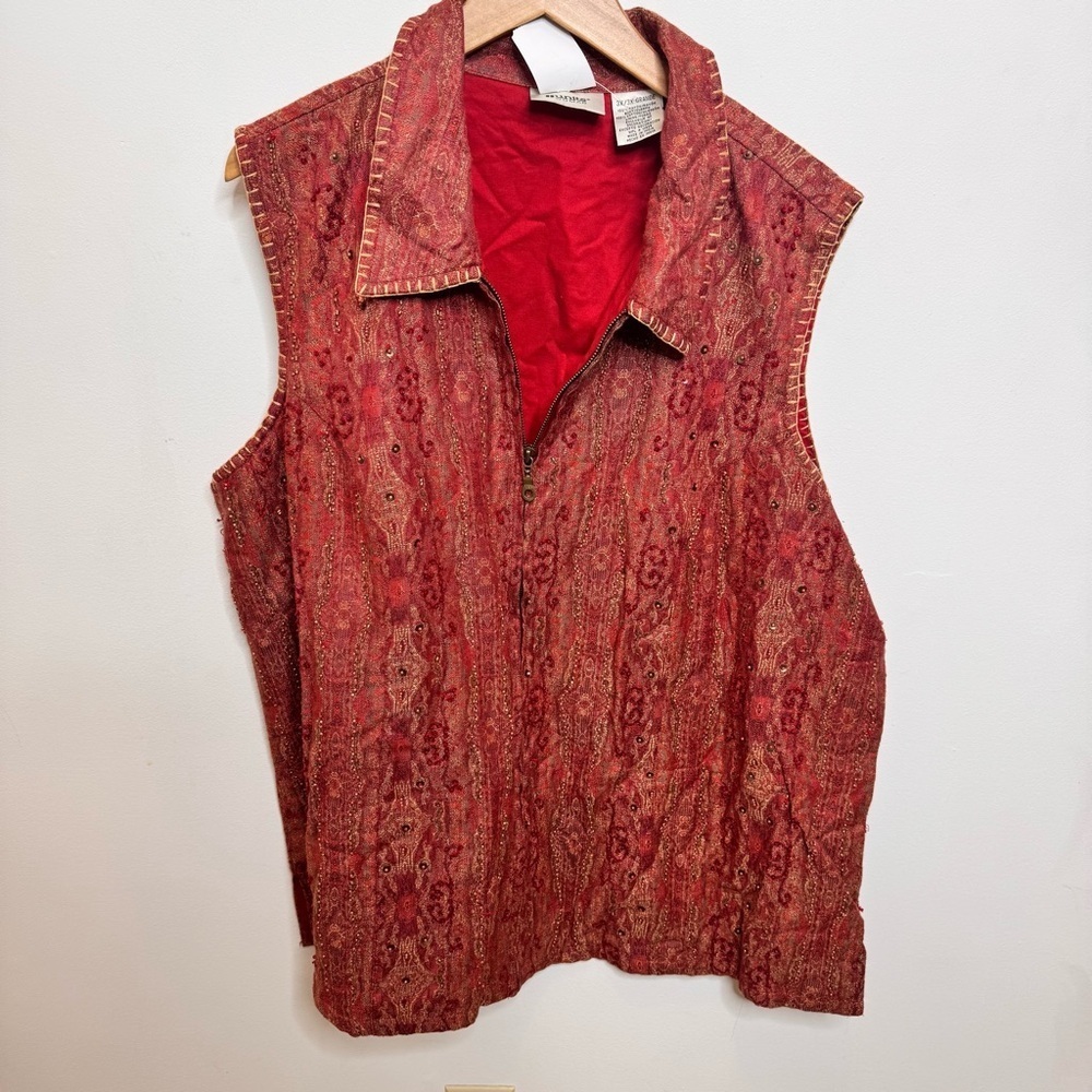 Sleeveless Red Beaded Zip-Front Vest